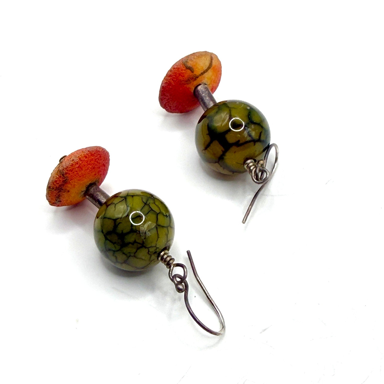 Vintage 90s Olive Green Crackle Glass Boho Drop Earrings