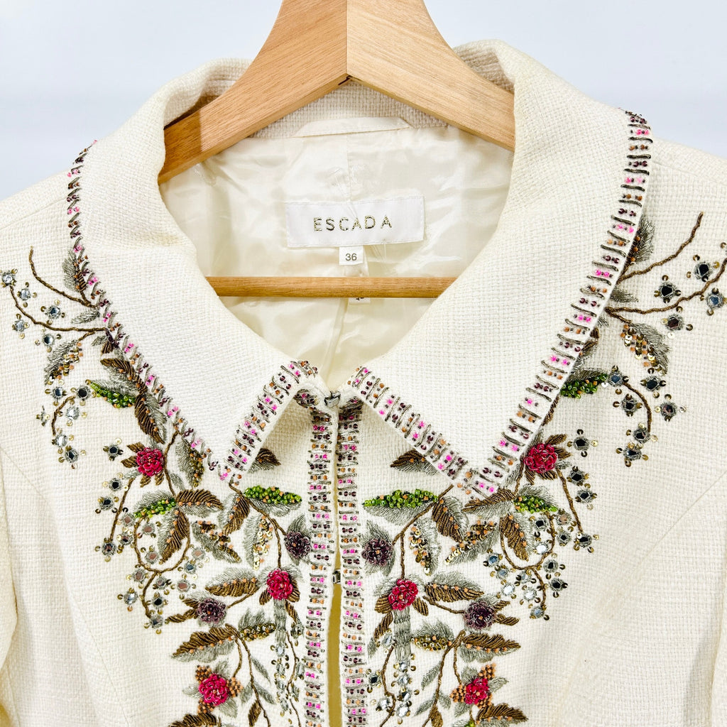 Vintage 90s Escada Ivory Cream Beaded Embroidered Linen Cotton Skirt Suit