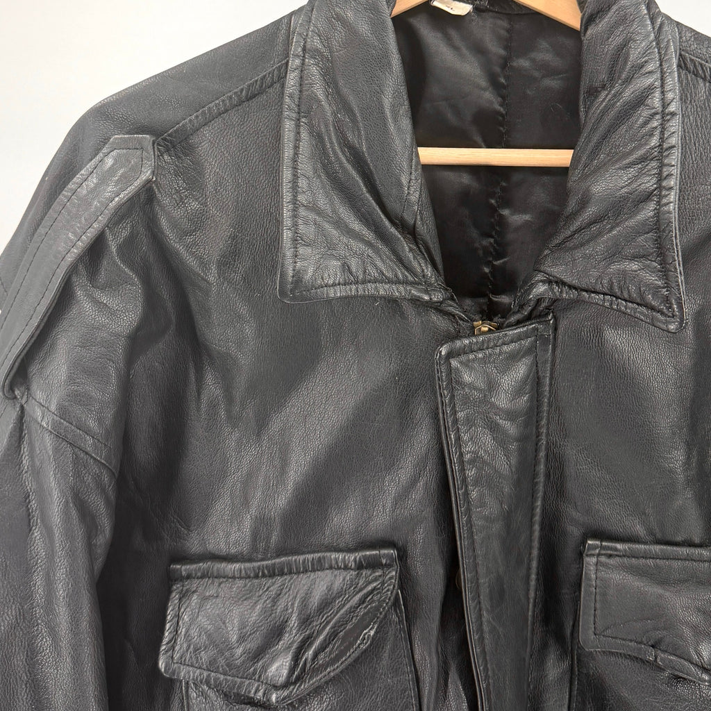 Vintage 90s Black Genuine Leather Utility Field Drawstring Jacket