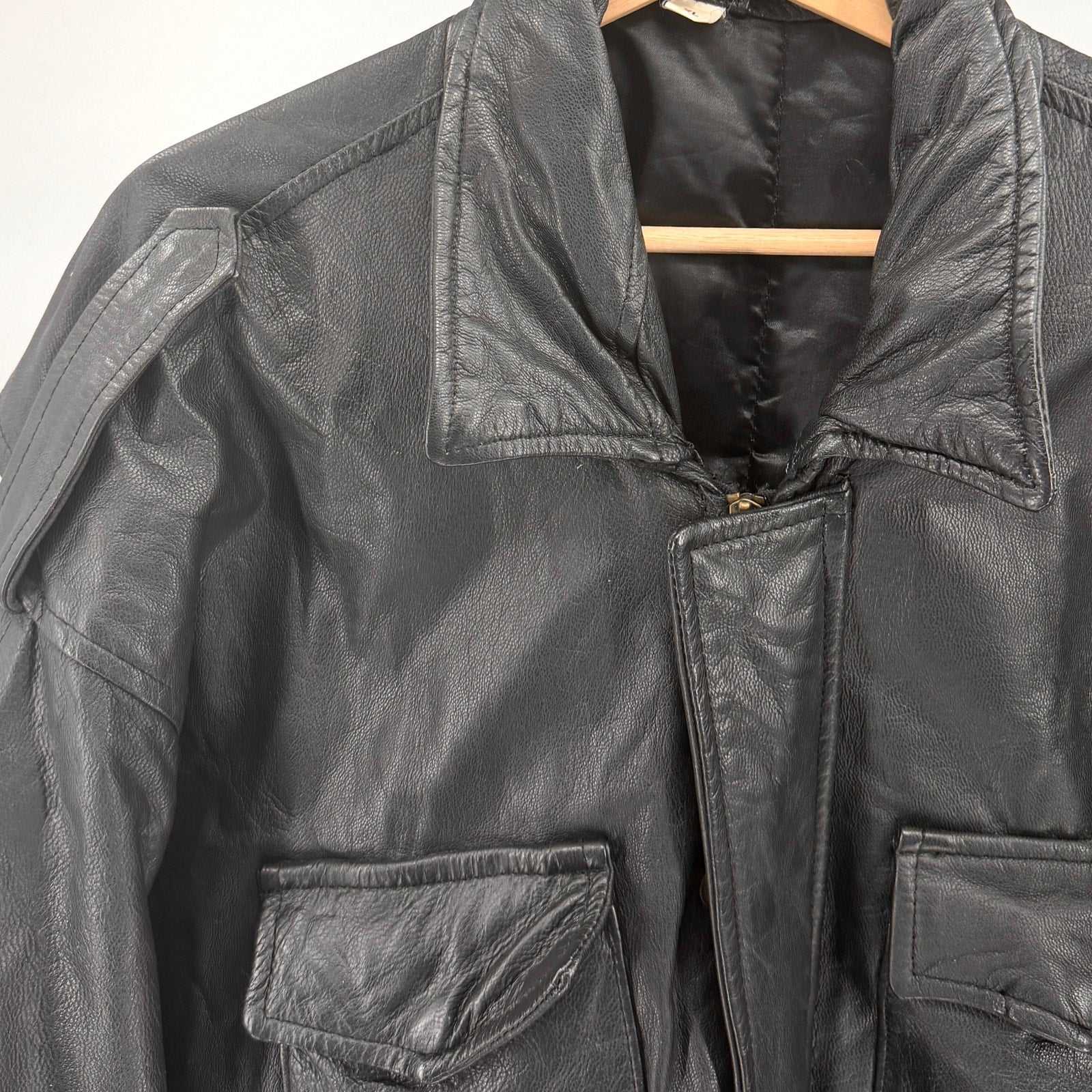 Vintage 90s Black Genuine Leather Utility Field Drawstring Jacket