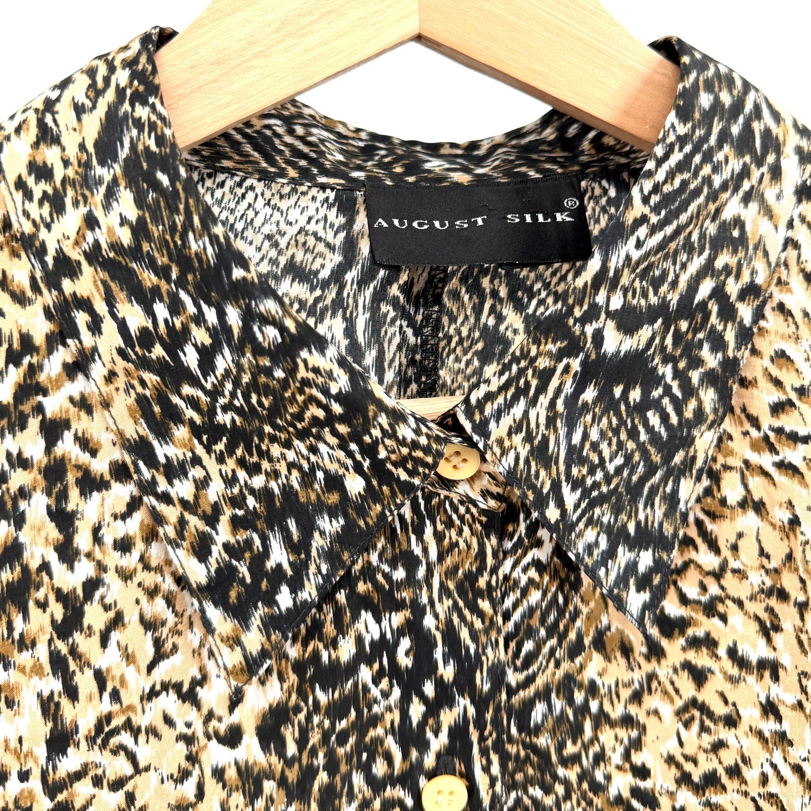 Vintage Y2K August Silk Tan Black 100% Silk Snakeskin Python Button Down Blouse