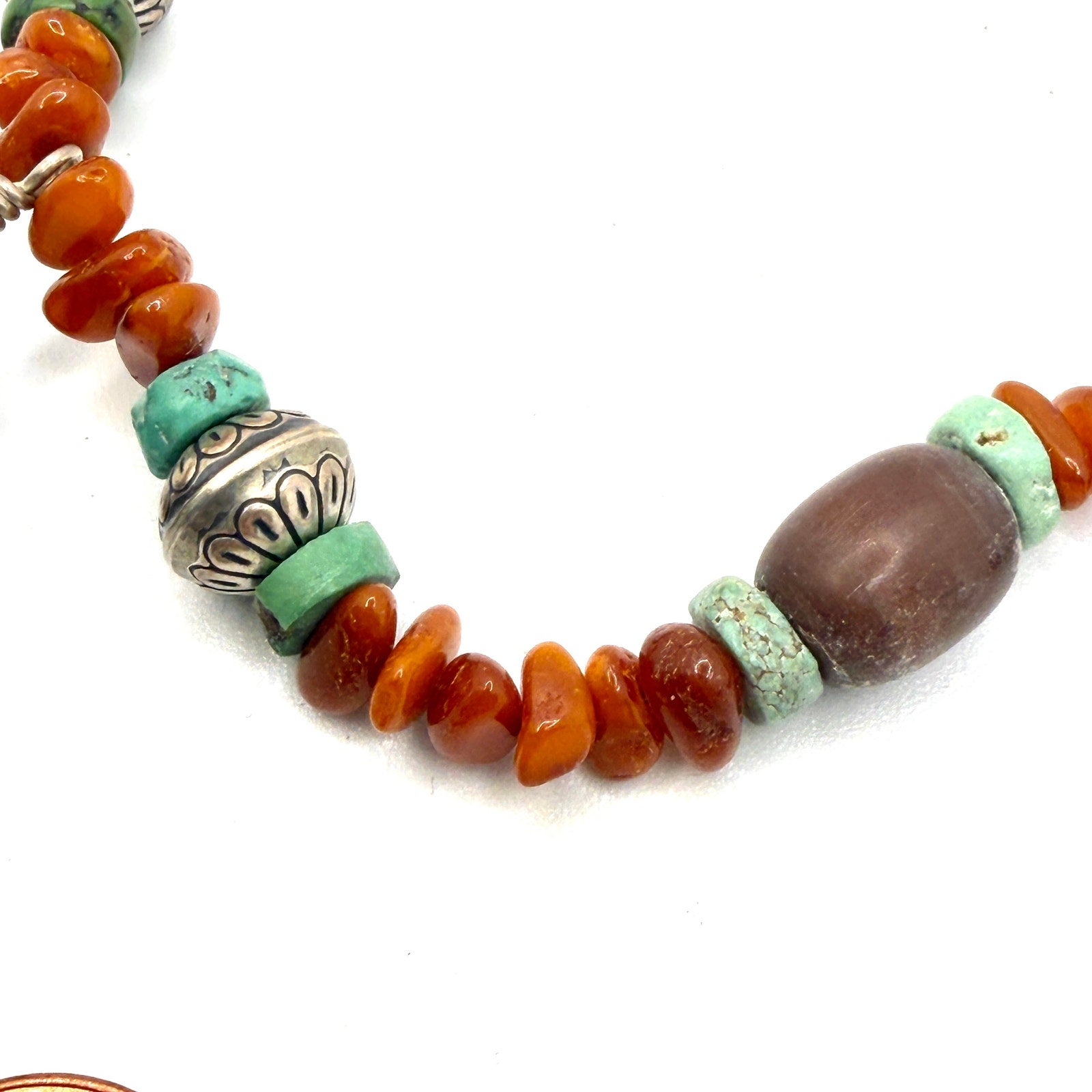 Vintage 90s Artisanal Carved Ram Turquoise Carnelian Beaded Necklace Earring Set