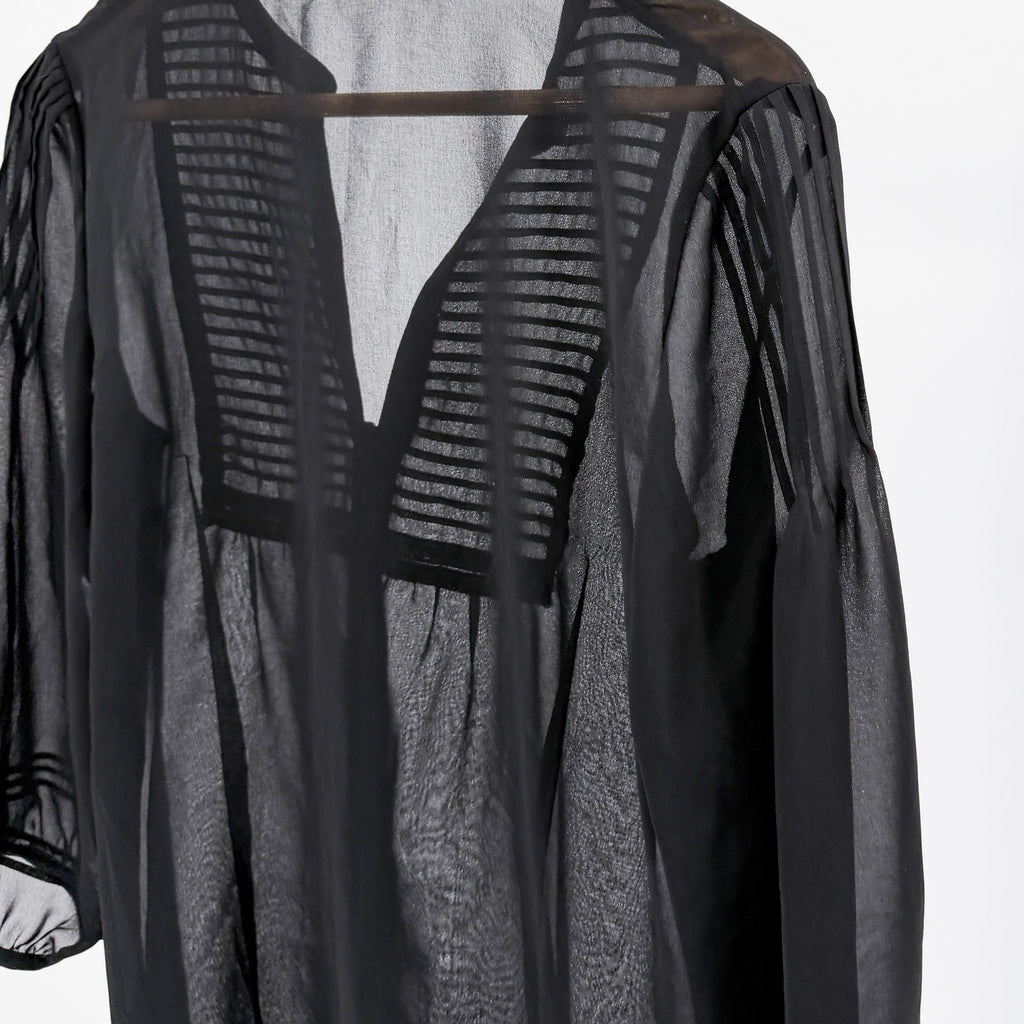 Black 100% Silk Minimalist Pintuck Pleated Sheer V Neck Peasant Blouse Top
