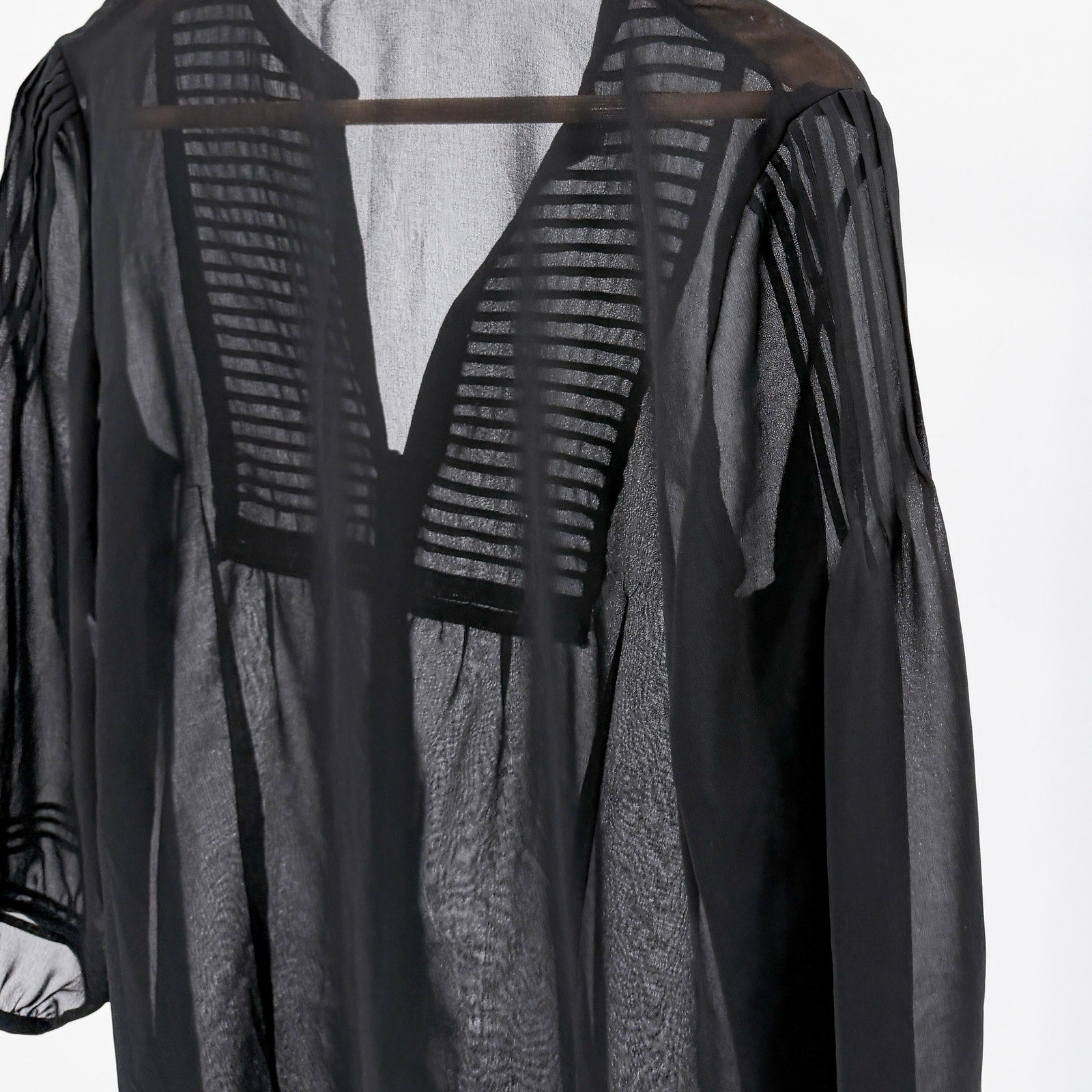 Black 100% Silk Minimalist Pintuck Pleated Sheer V Neck Peasant Blouse Top