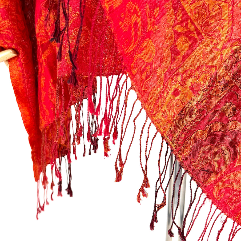 Vintage Y2K Sacred Threads Orange Red 100% Silk Paisley Woven Fringed Shawl
