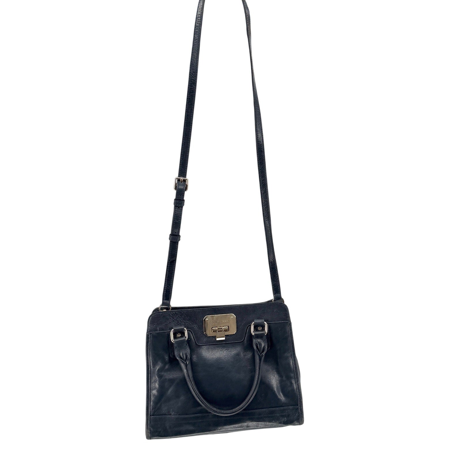 Cole Haan Navy Blue Genuine Leather Minimalist Push Lock Satchel Crossbody Bag