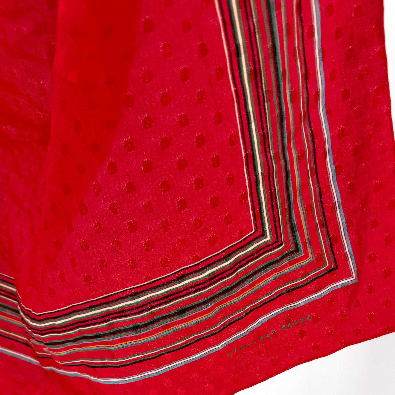 Vintage 80s Geoffrey Beene Red 100% Silk Geometric Striped Border Scarf