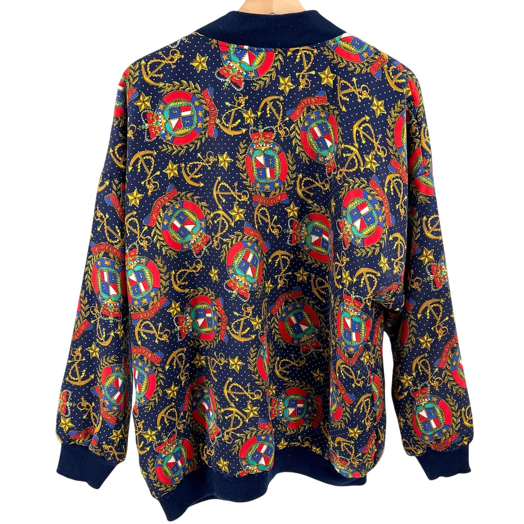 Vintage 80s Periphery Navy Nautical Anchor Crest Print Bomber Jacket