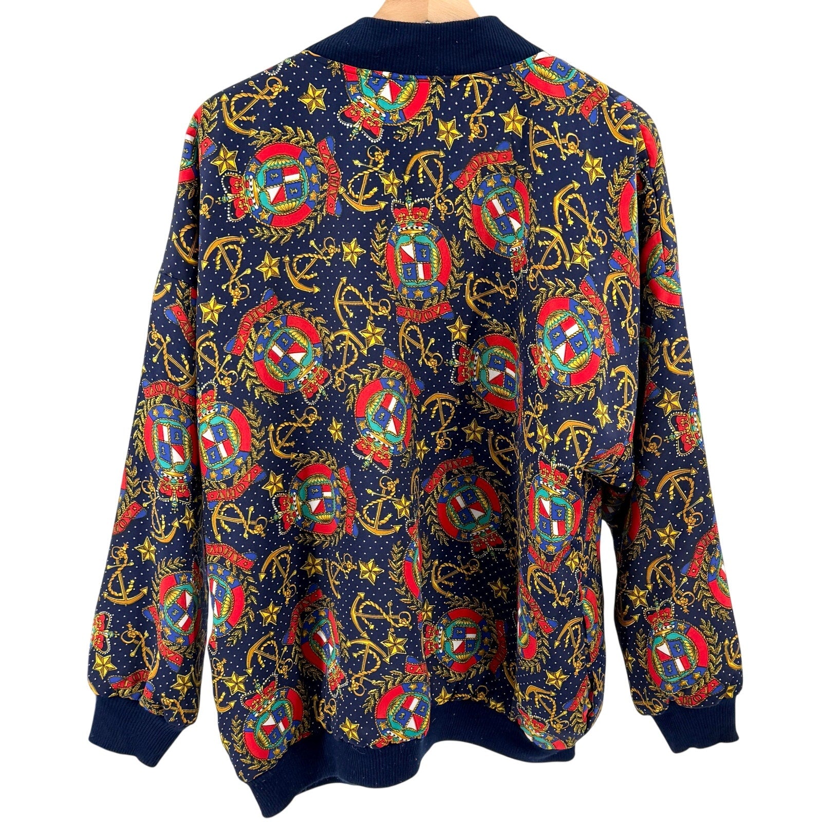 Vintage 80s Periphery Navy Nautical Anchor Crest Print Bomber Jacket