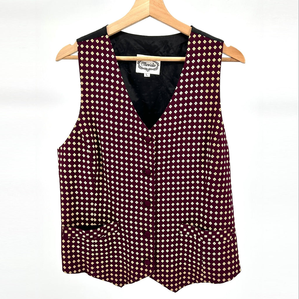 Vintage 80s Mevisto Maroon Diamond Print 100% Rayon Waistcoat Vest