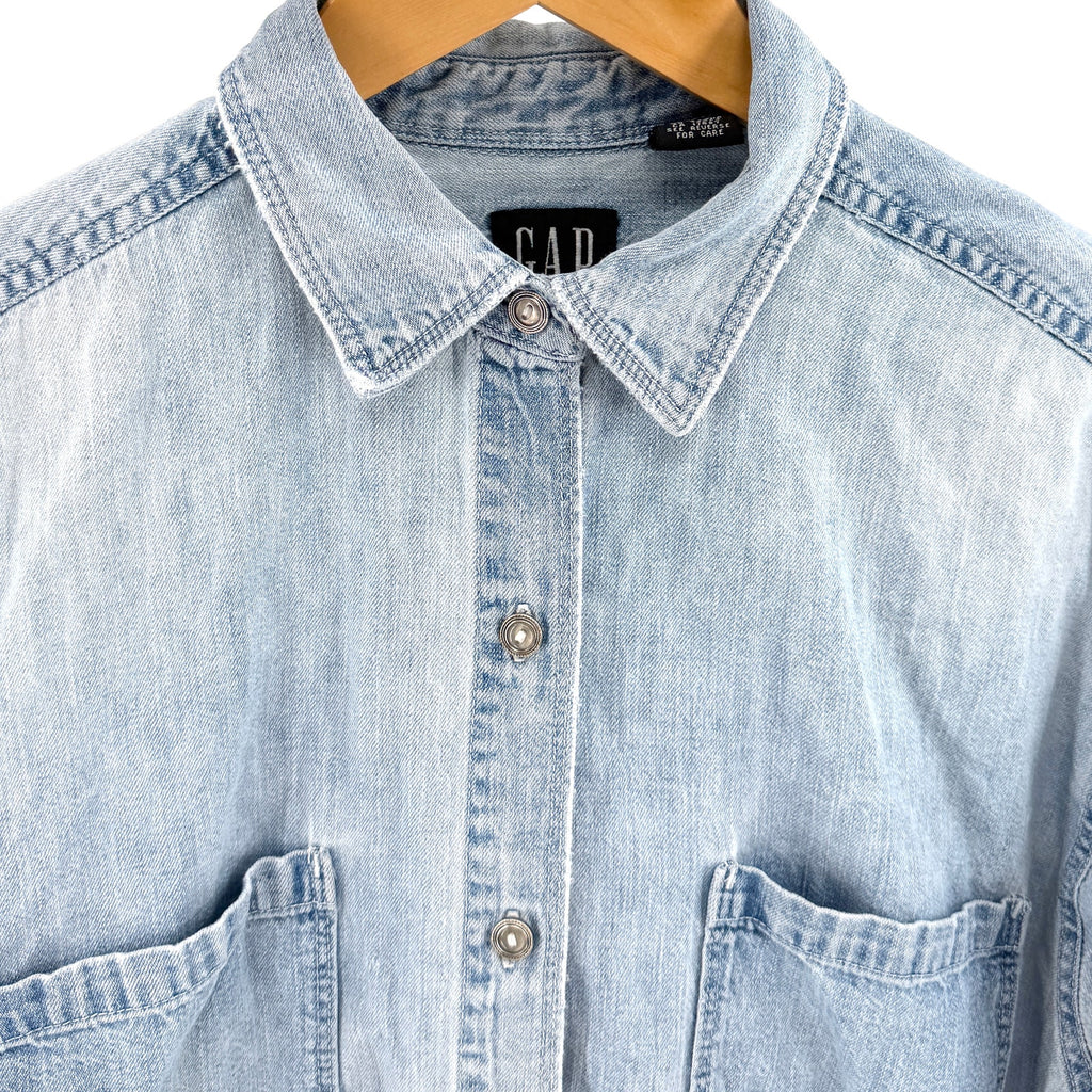 Vintage 90s Gap Light Blue 100% Cotton Butterfly Embroidered Denim Shirt