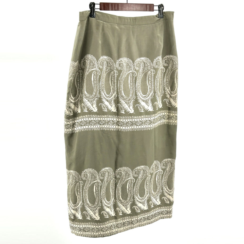 Halston Dusty Sage 100% Silk Paisley Print Fully Lined Maxi Wrap Skirt