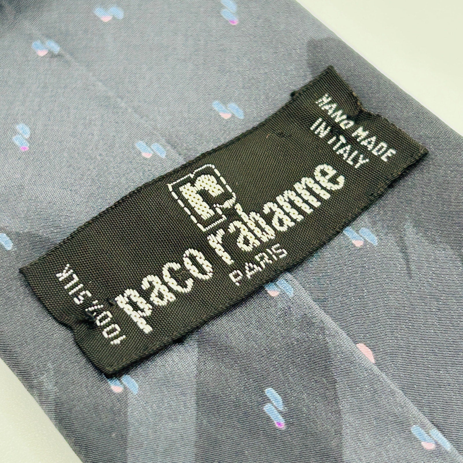 Vintage 80s Paco Rabanne Paris Silk Gray Abstract Dot Handmade Tie