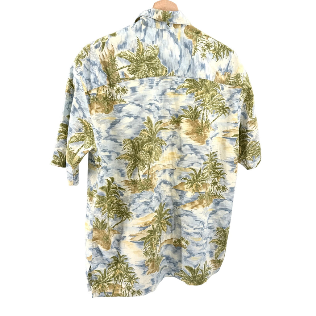 Pau Hana Hawaii Blue Tropical Palm Tree Print Camp Shirt