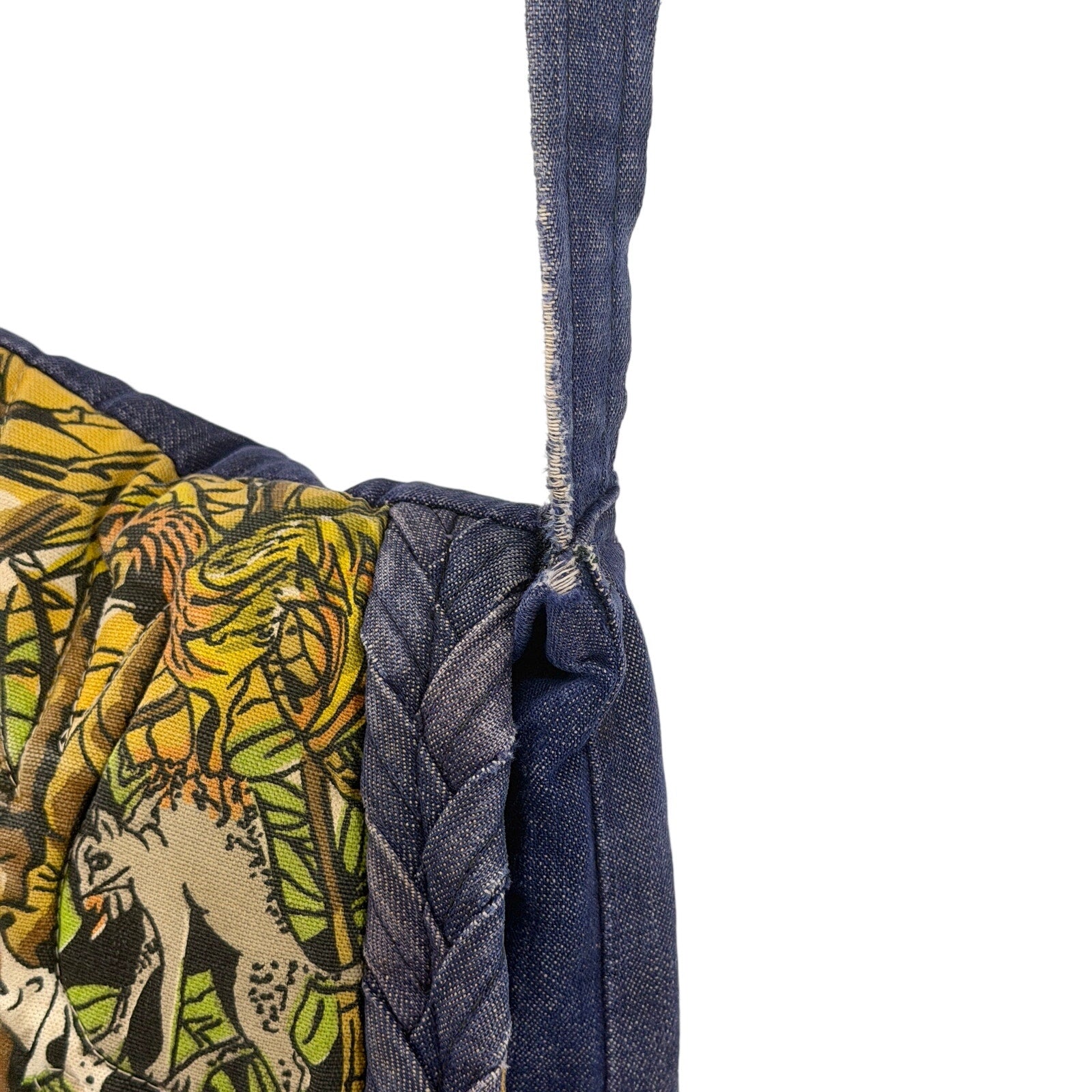 Vintage 70s Custom Denim Bremen Town Musicians Novelty Print Flap Shoulder Bag