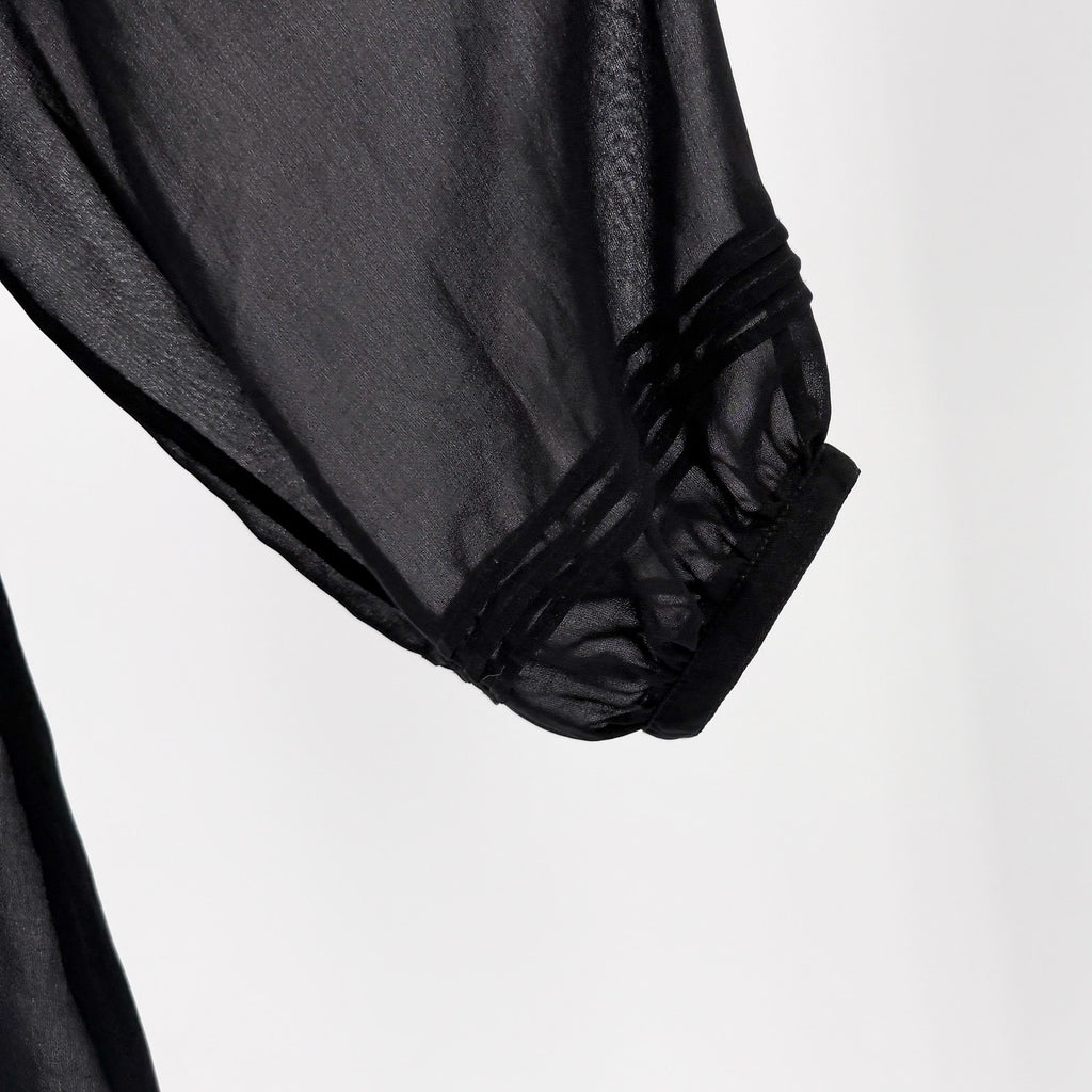 Black 100% Silk Minimalist Pintuck Pleated Sheer V Neck Peasant Blouse Top