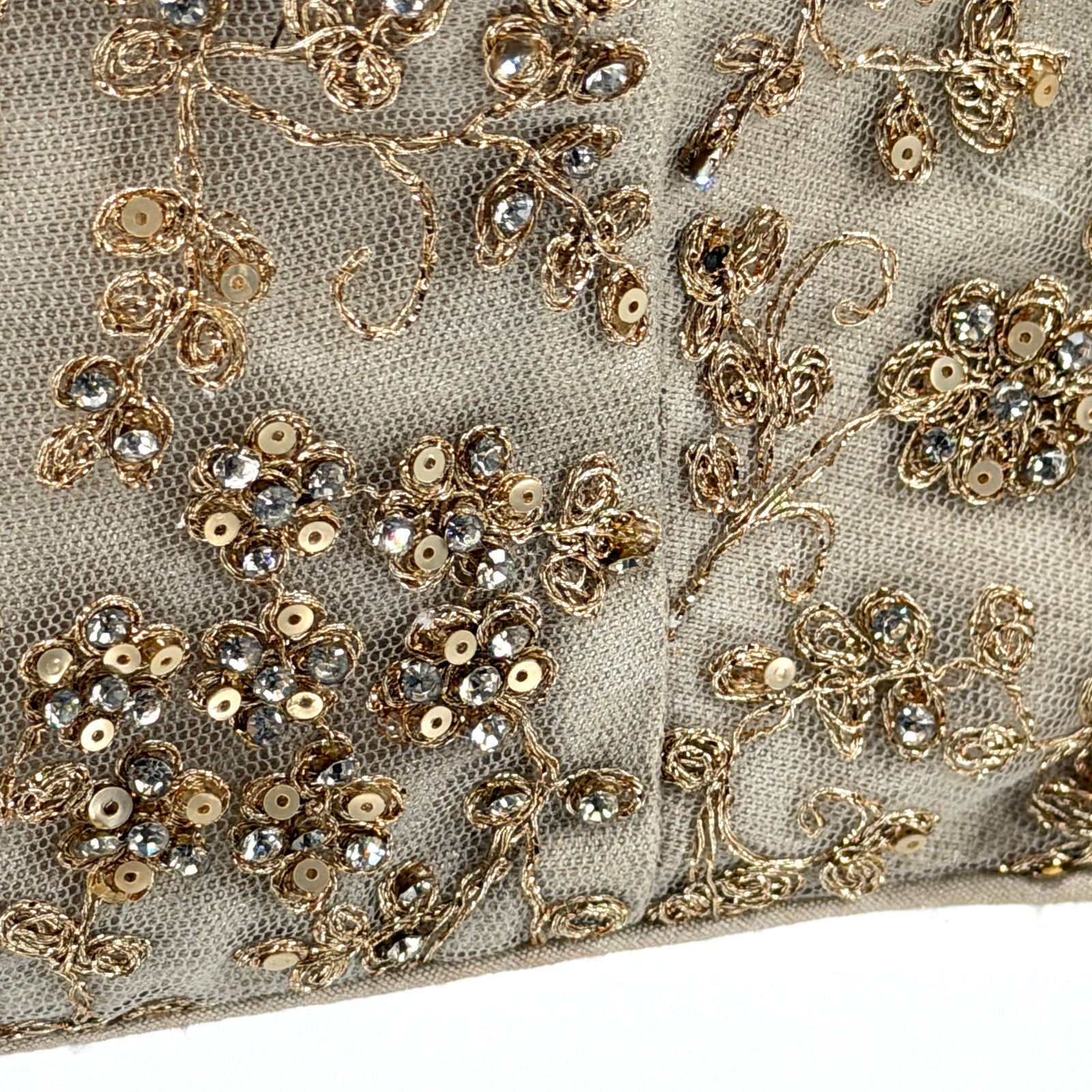 Custom Champagne Mesh Rhinestone Beaded Cropped Sari Blouse Choli