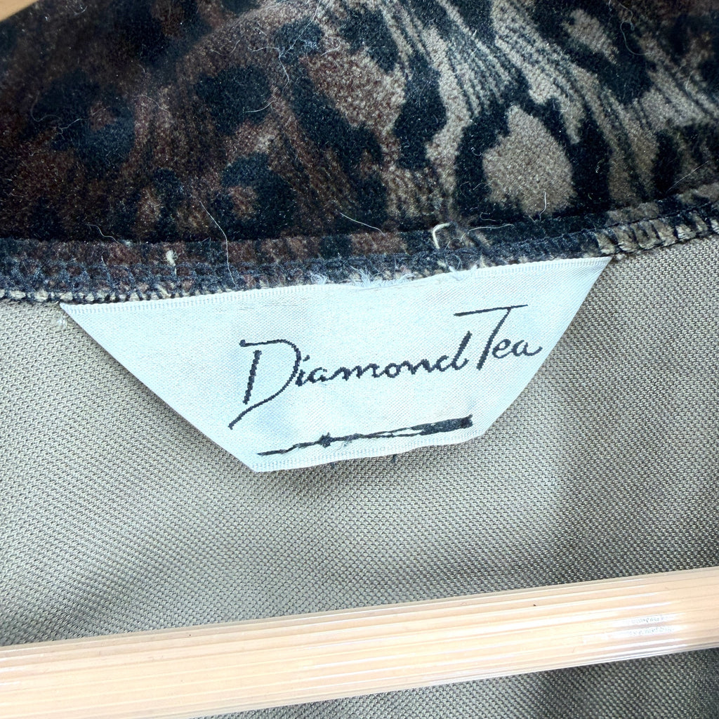 Vintage 90s Diamond Tea Brown Velvet Leopard Print Robe Duster