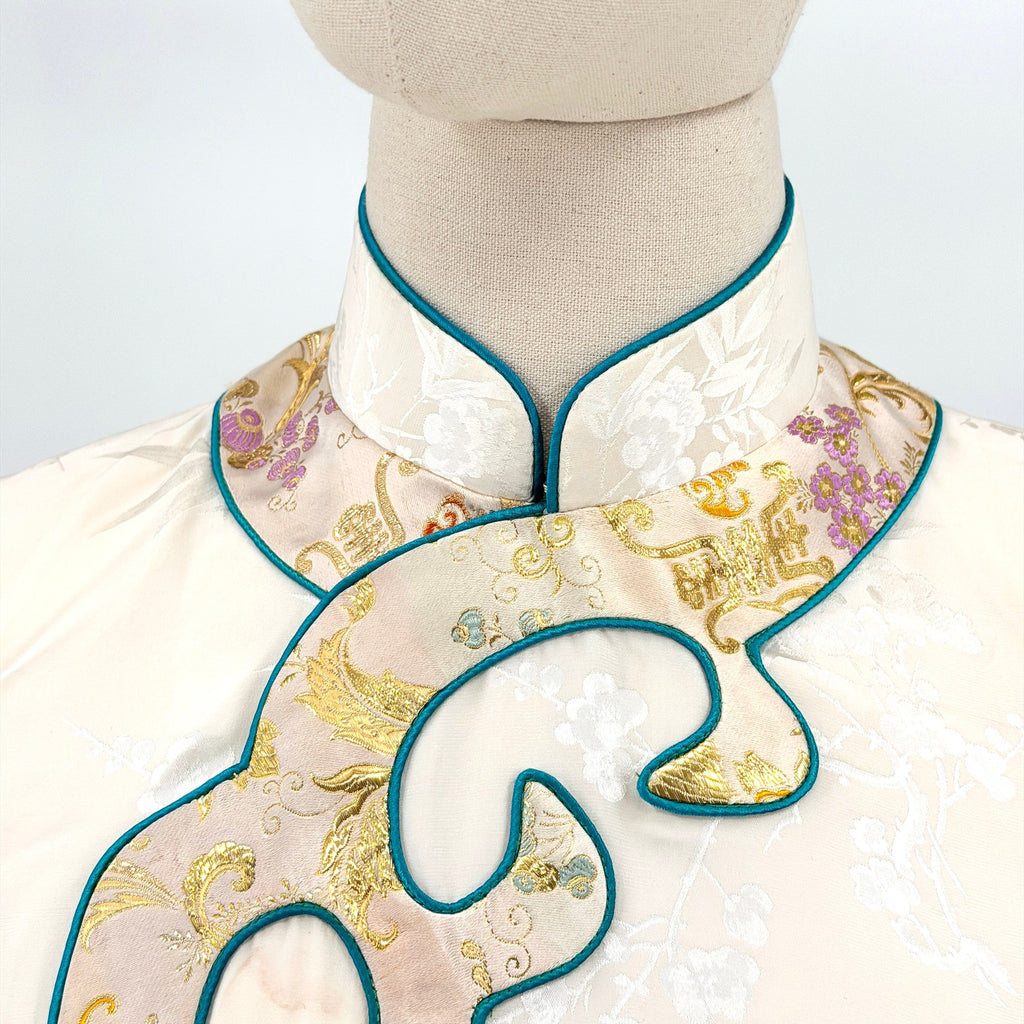 Vintage 90s Cream 100% Silk Brocade Trim Cheongsam Qipao Maxi Dress
