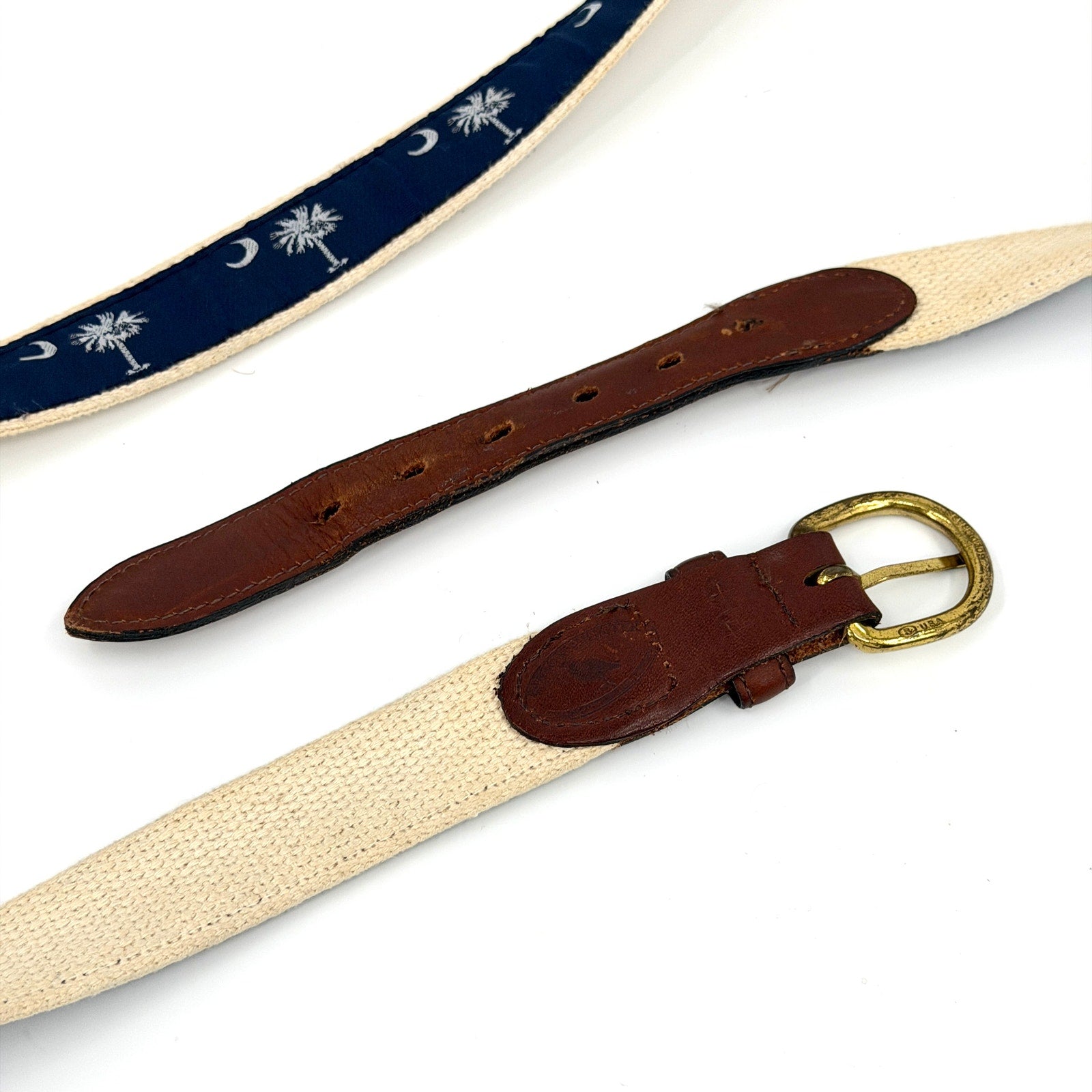 Vintage 90s Barrons Hunter Navy Blue South Carolina Palmetto Khaki Webbing Belt