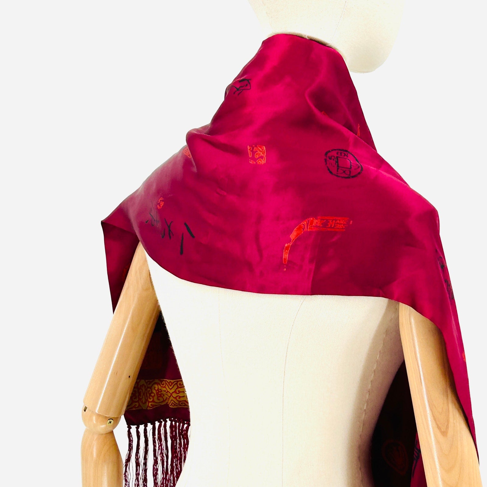 Vintage 90s Chicos Magenta Red Silk Calligraphy Fringe Rectangle Scarf