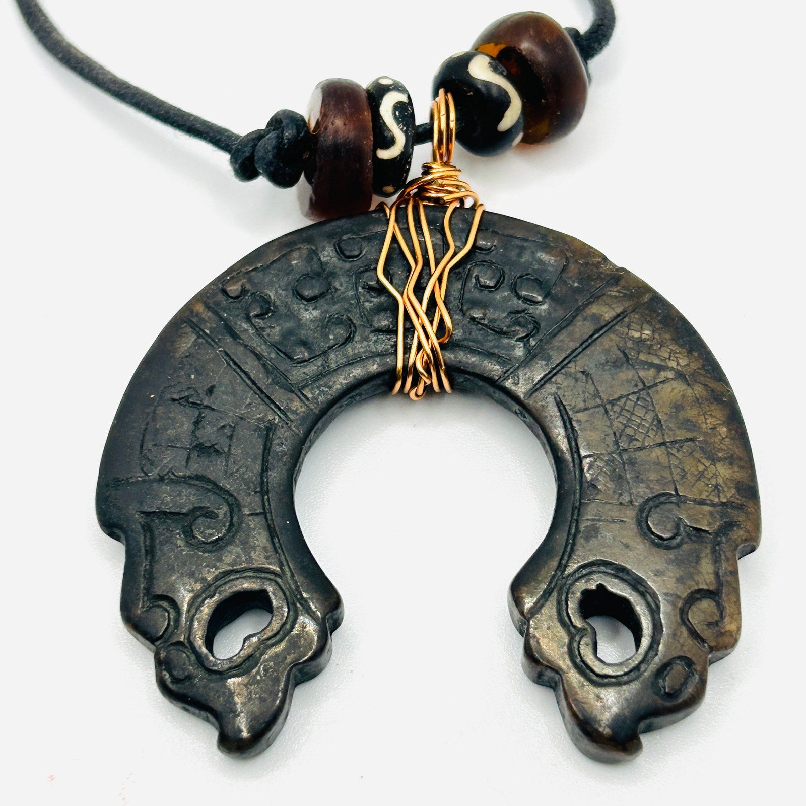 Handmade Copper Wrapped Chinese Stone Pendant Black Cord Necklace