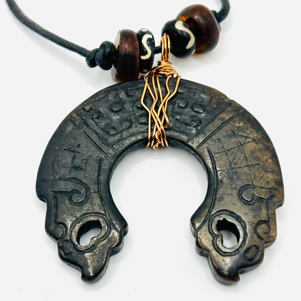 Handmade Copper Wrapped Chinese Stone Pendant Black Cord Necklace