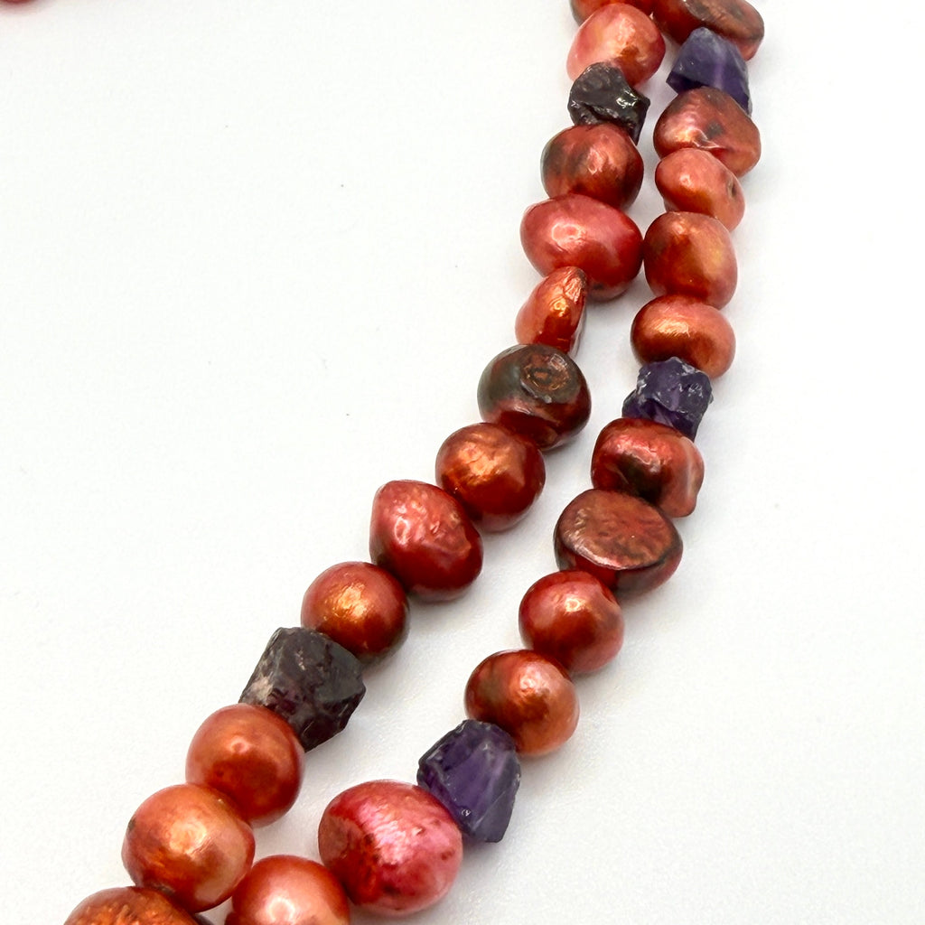 Vintage 90s Red Copper Freshwater Pearl Amethyst Boho Statement Necklace