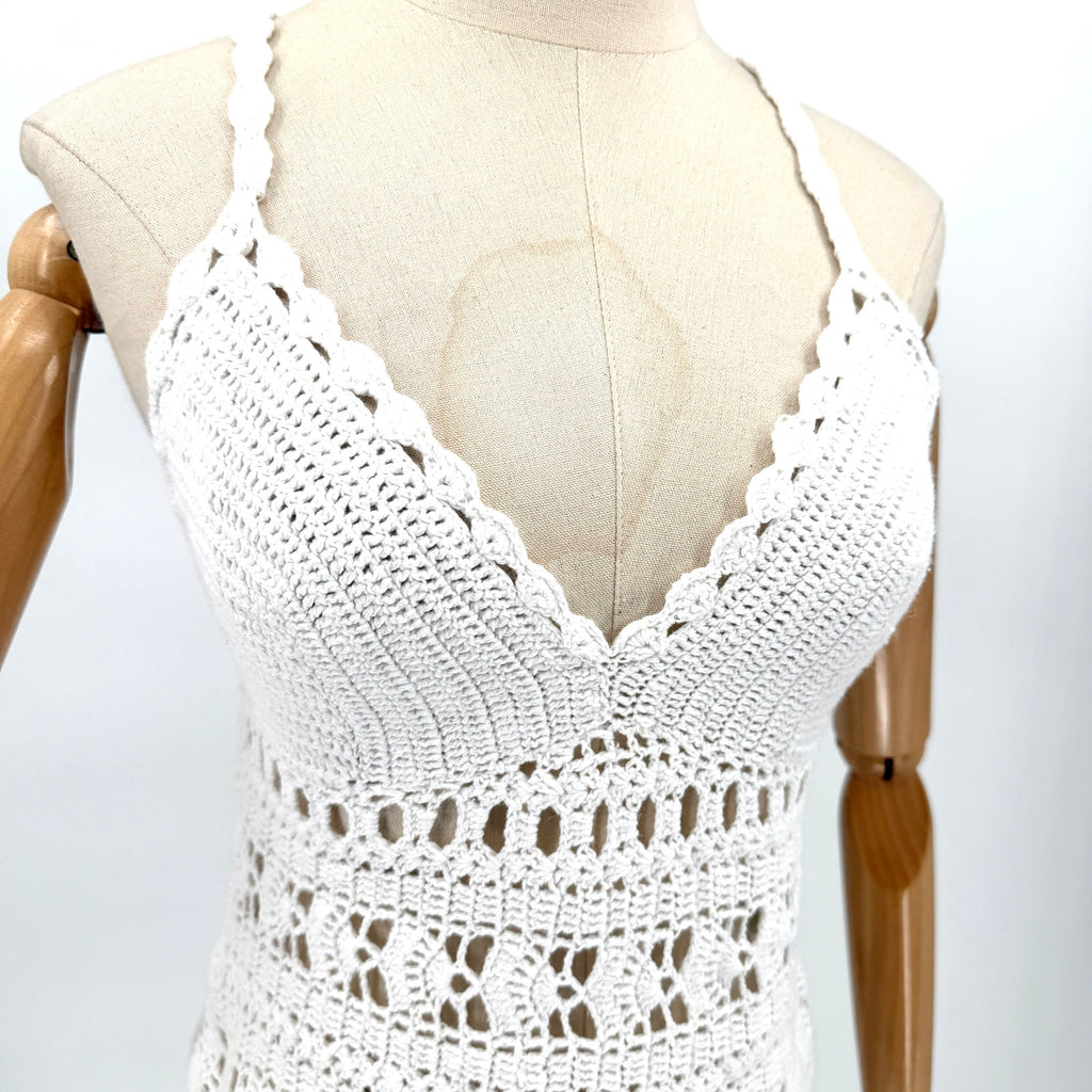Vintage Y2K Newport News White Ramie Cotton Crochet Bralette Skirt Two Piece Set
