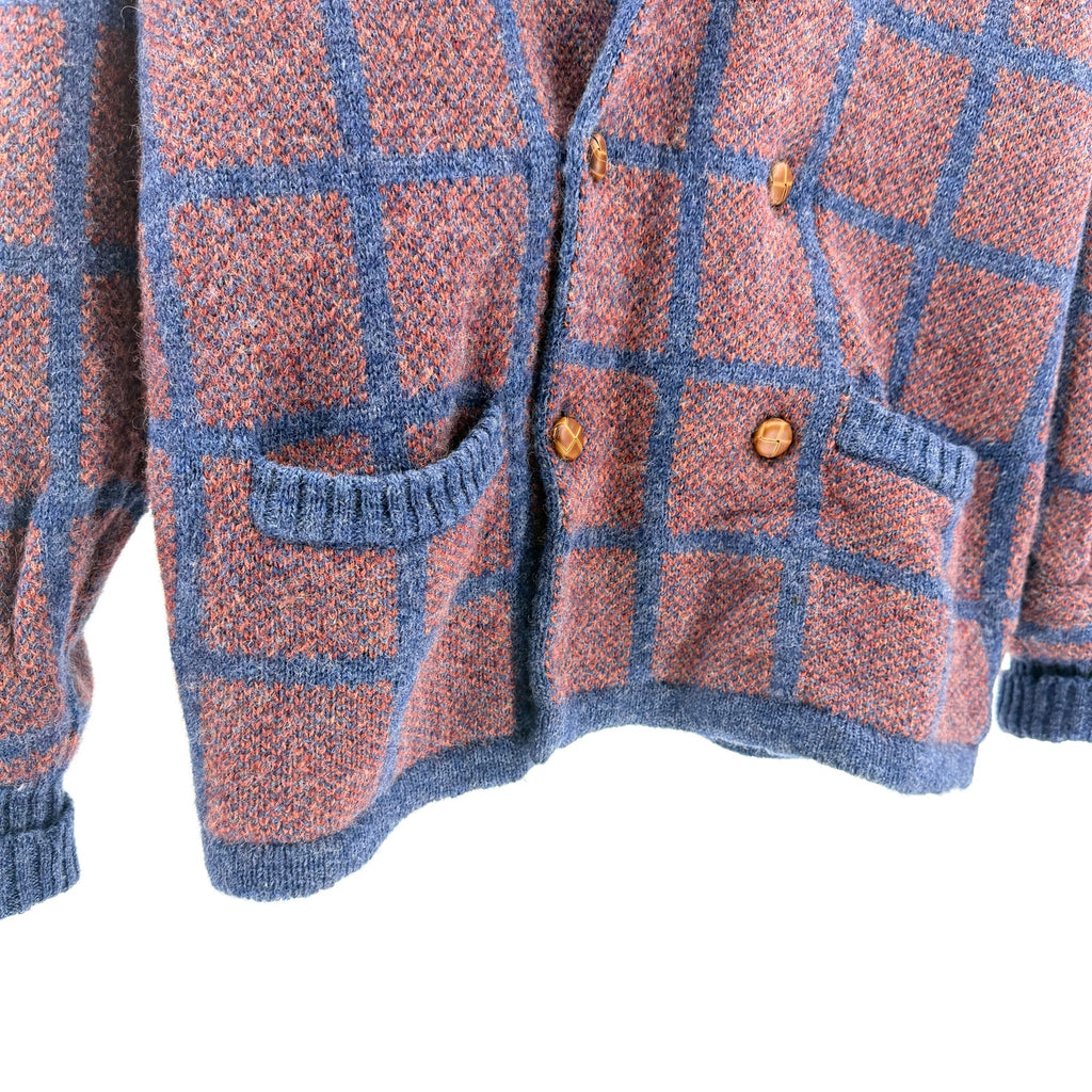 Vintage 80s Alan Flusser Blue Orange 100% Wool Plaid Double Breasted Cardigan