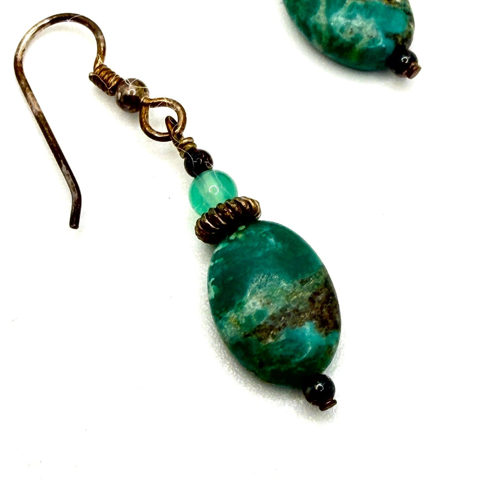 Vintage 90s Artisanal Turquoise Chrysoprase Bronze Beaded Boho Drop Earrings