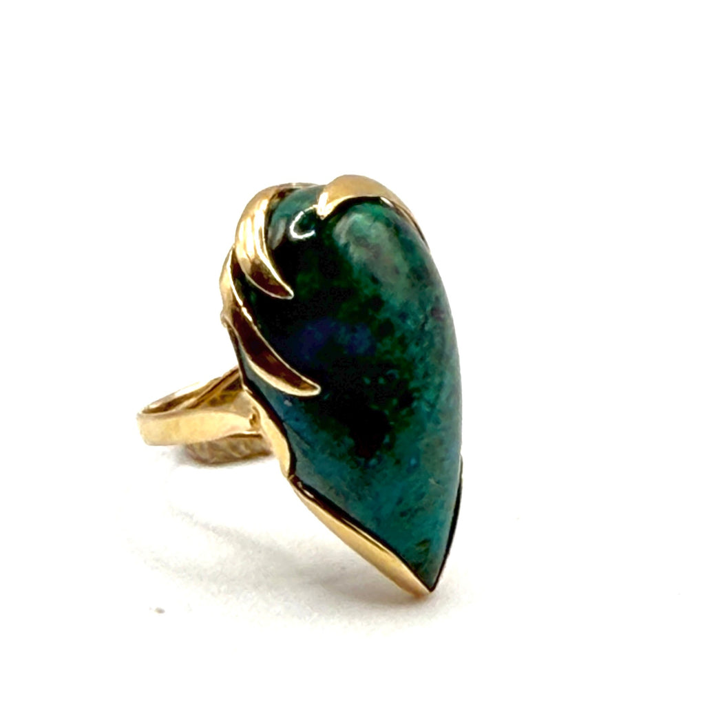 Vintage 70s 14K Gold Green Chrysocolla Modernist Teardrop Cocktail Ring