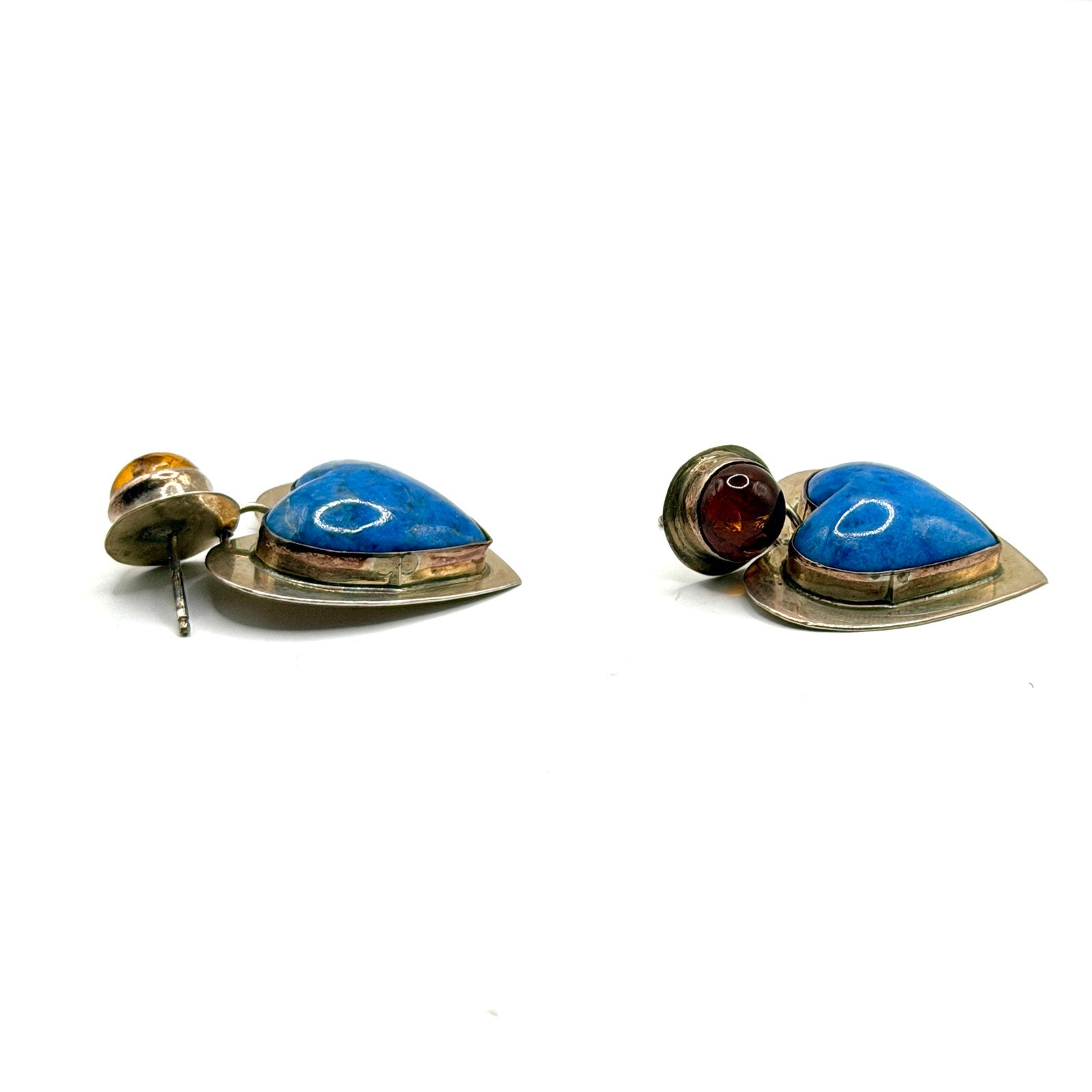 Vintage 90s Jason Livingston Signed Sterling Silver Lapis Amber Heart Earrings
