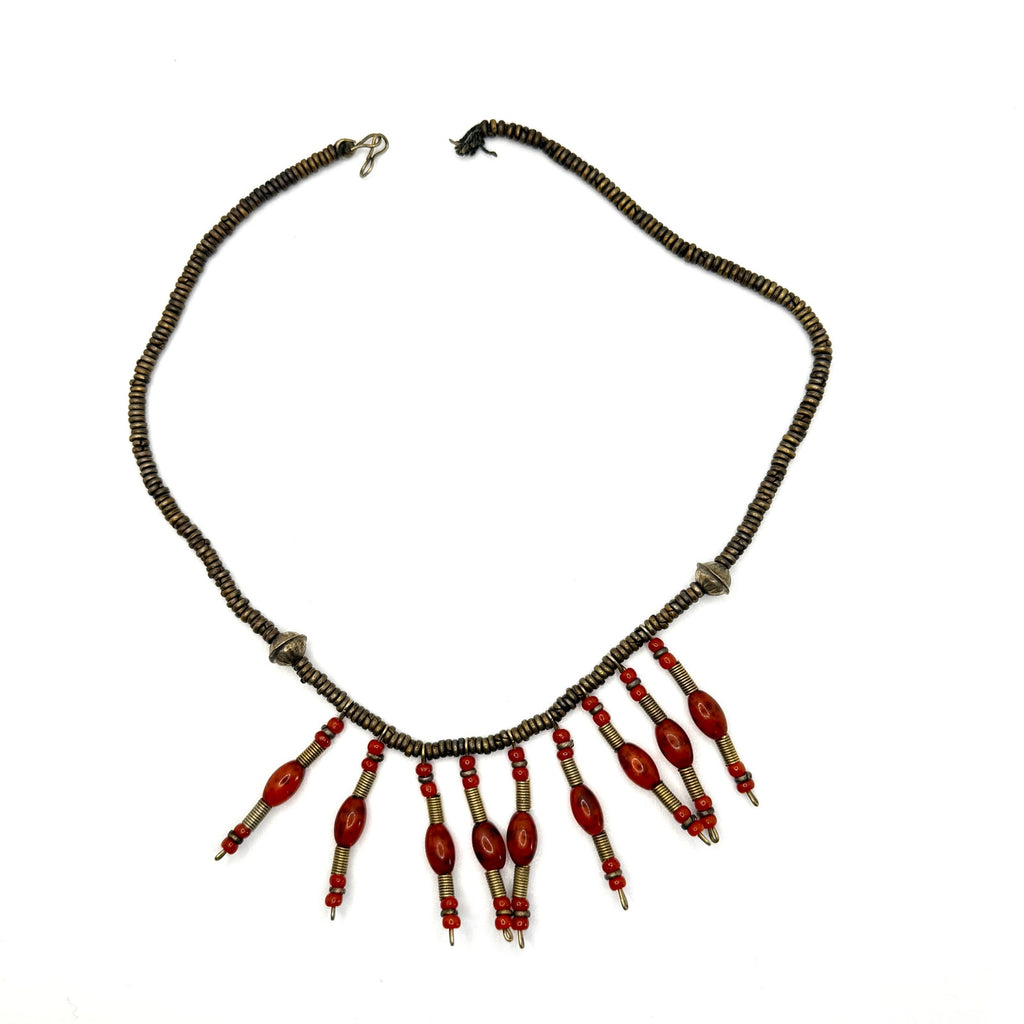 Vintage Afrobohemian Brass Orange Glass Fringed Tribal Drop Necklace