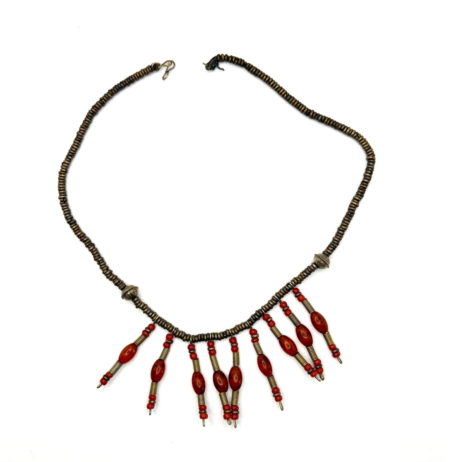 Vintage Afrobohemian Brass Orange Glass Fringed Tribal Drop Necklace