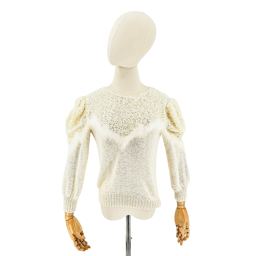 Vintage 80s Cream Super Soft Puff Sleeve Angora Pearl Trim Sweater
