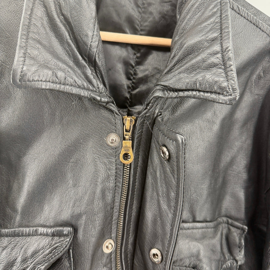 Vintage 90s Black Genuine Leather Utility Field Drawstring Jacket
