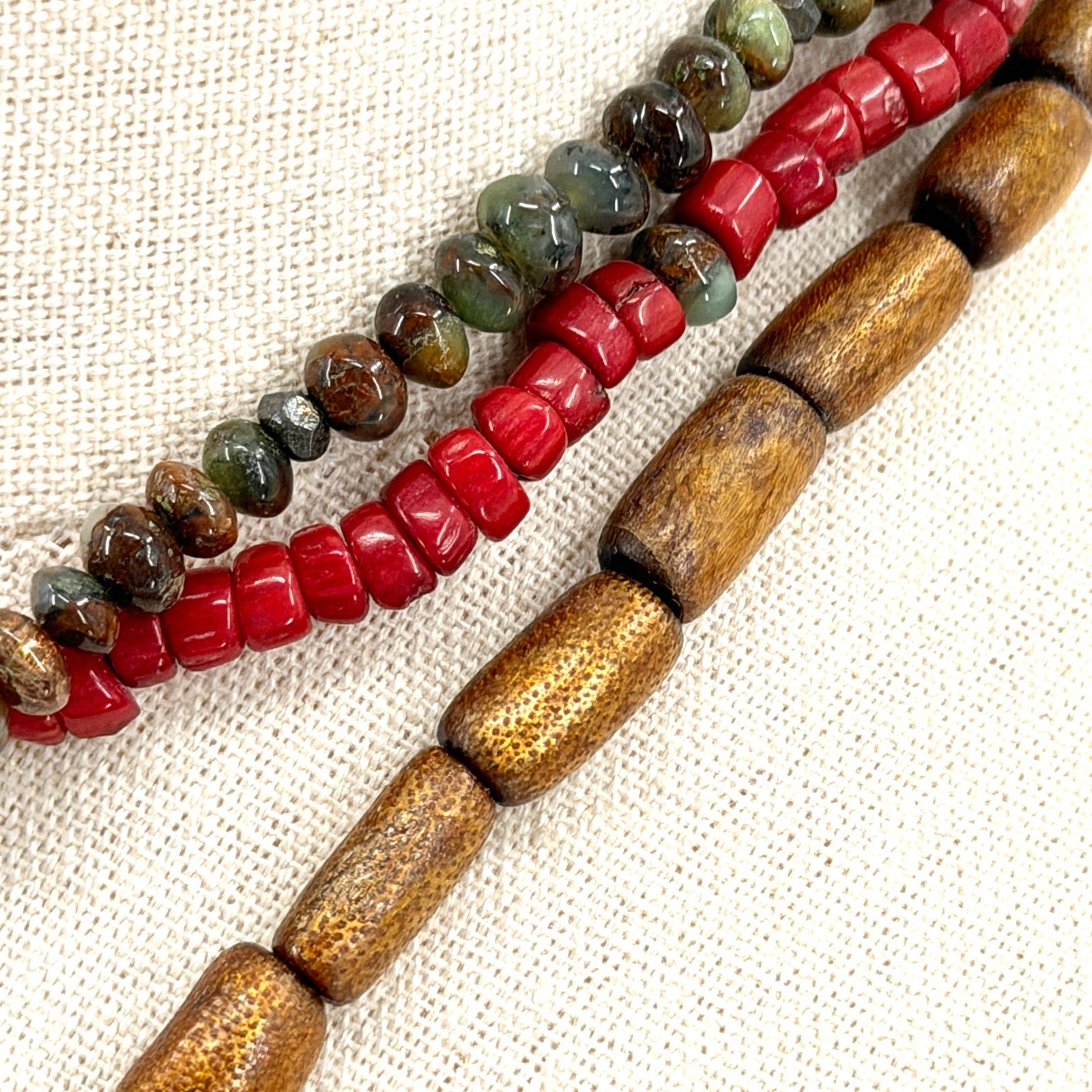 Vintage Y2K Red Coral Unakite Wood Multi Strand Toggle Necklace