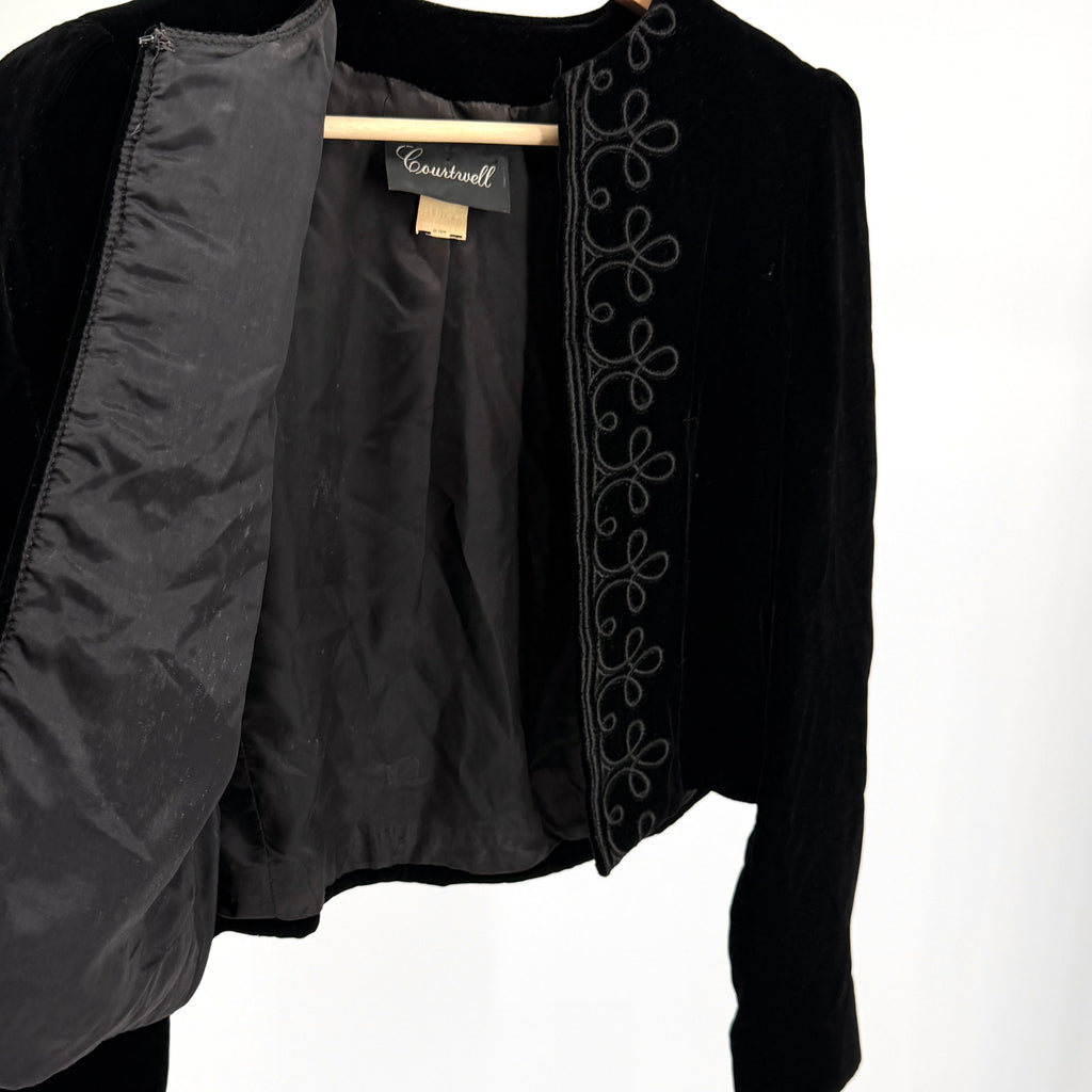 Vintage 80s Courtwell Black Soutache Embroidered Velvet Bolero Cropped Jacket