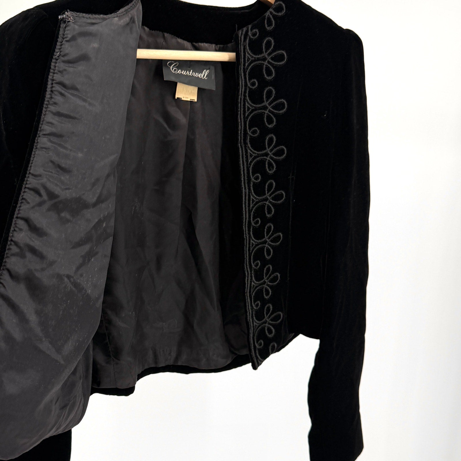 Vintage 80s Courtwell Black Soutache Embroidered Velvet Bolero Cropped Jacket