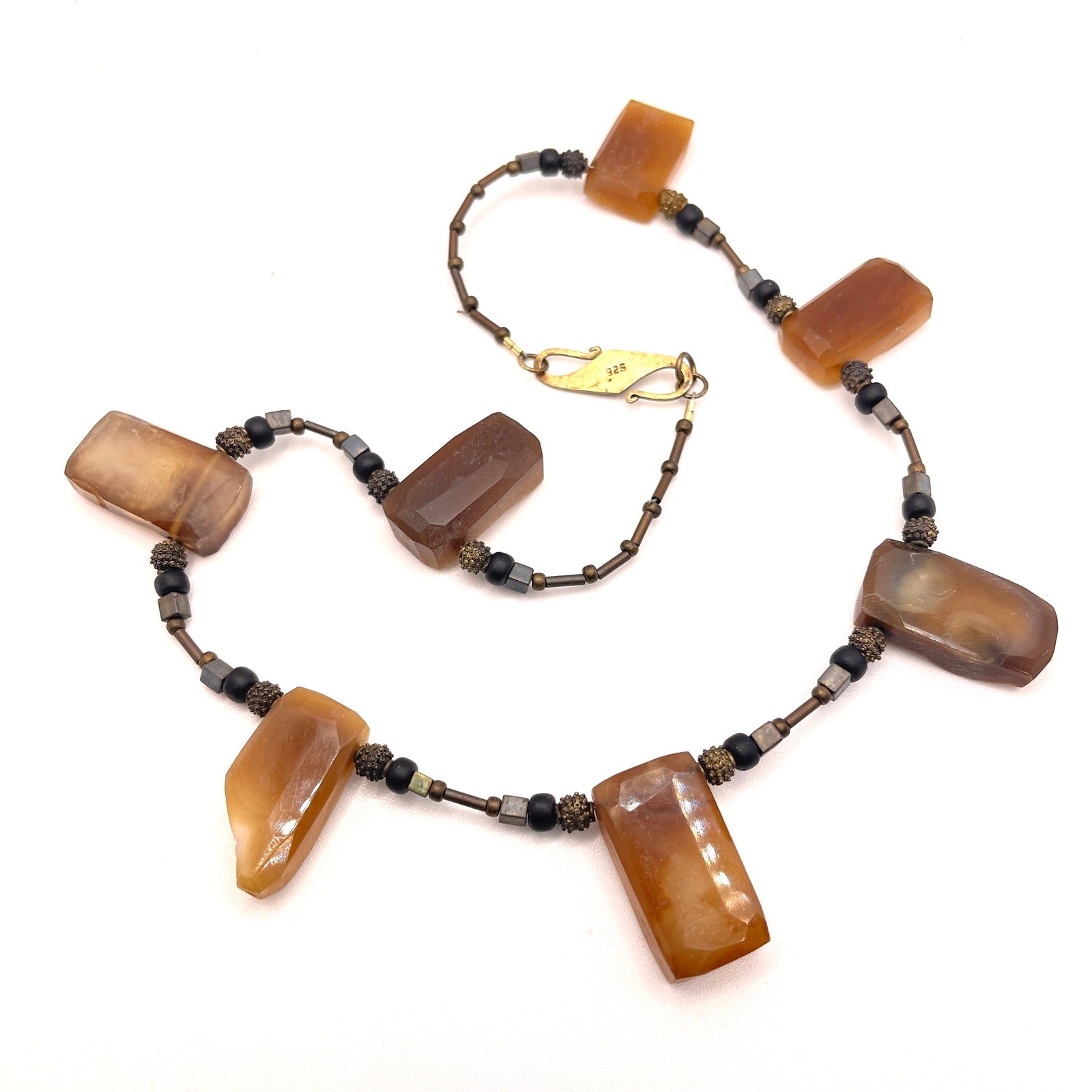 Vintage 90s Gold Sheen Druzy Amber Agate Sterling Silver 925 Necklace