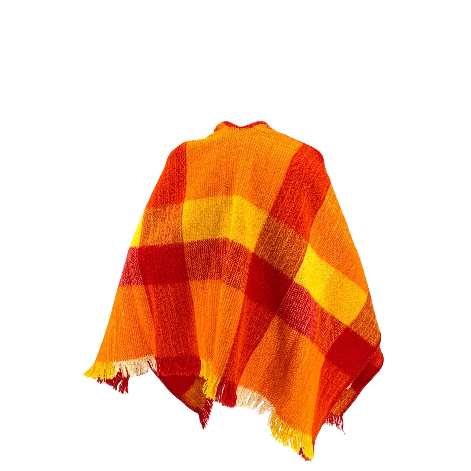 Vintage 60s Colombia S.A. Red Orange 100% Wool Plaid Ruana Poncho