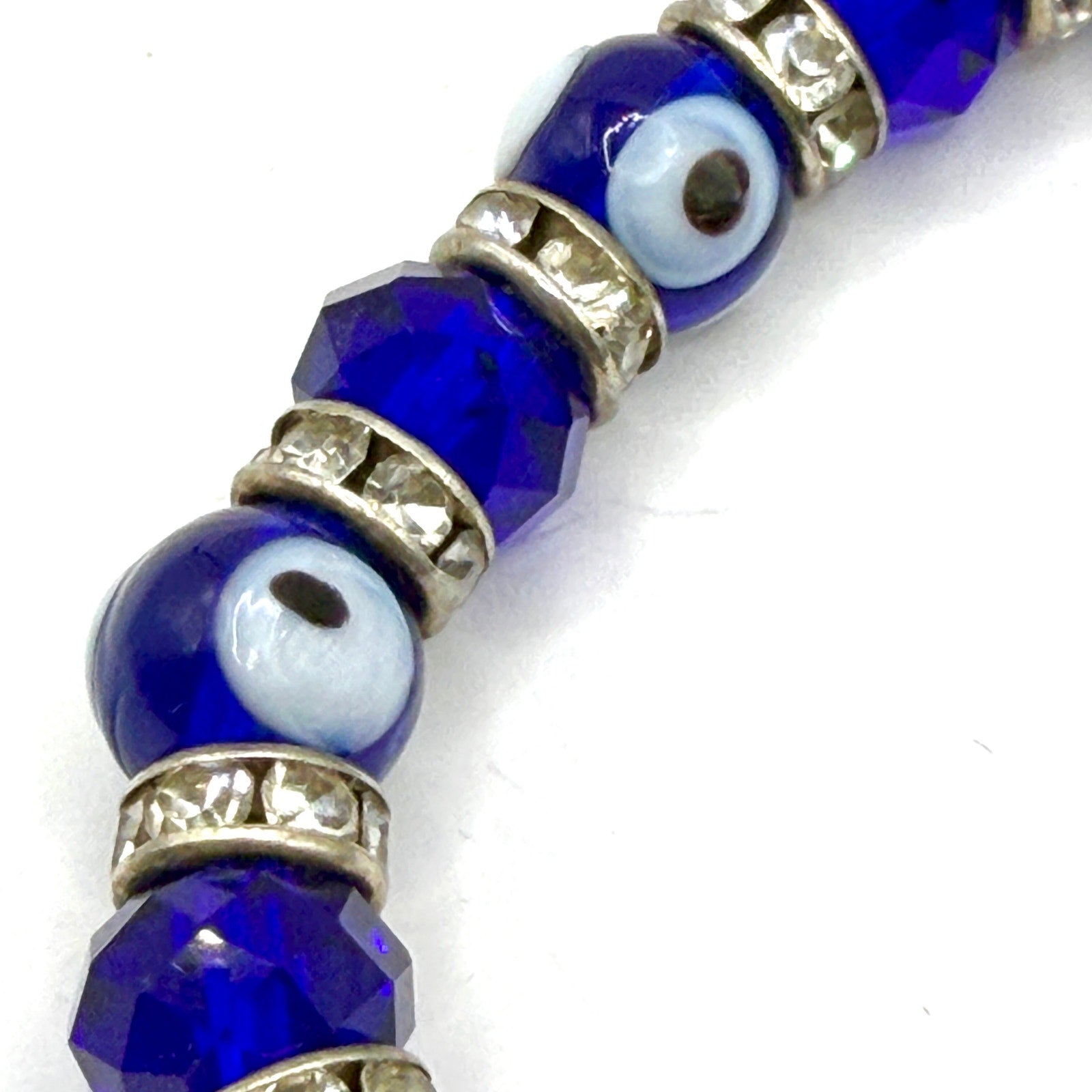 Cobalt Blue Glass Rhinestone Evil Eye Protection Stretch Bracelet