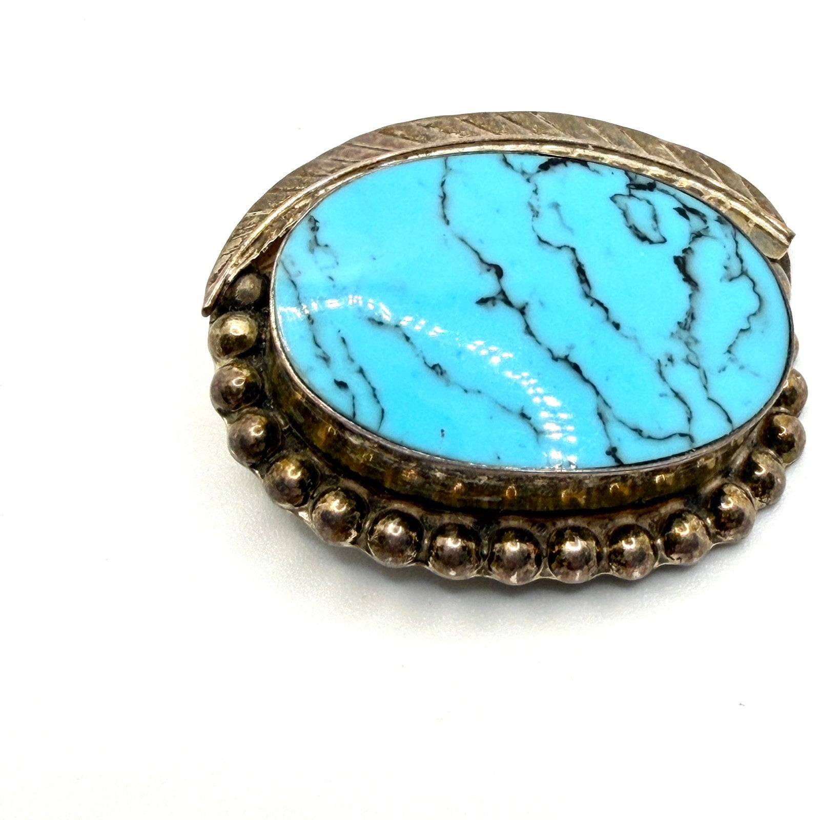 Vintage 90s Taxco Mexico Sterling Silver Turquoise Signed Leaf Pin Pendant