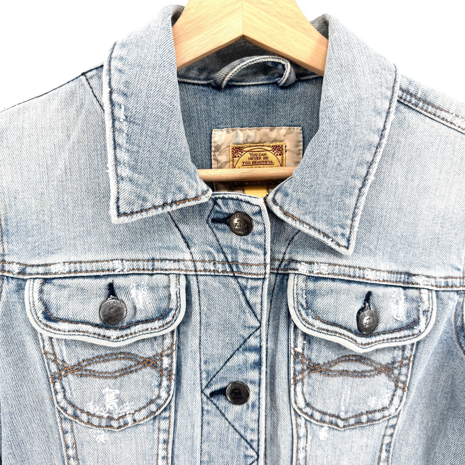 Vintage Y2K Abercrombie & Fitch Light Blue Distressed Cropped Denim Jacket