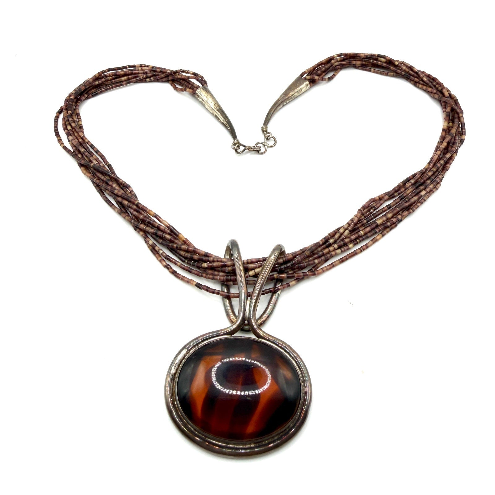 Vintage 70s Sterling Silver Brown Shell Heishi Agate Slide Statement Necklace