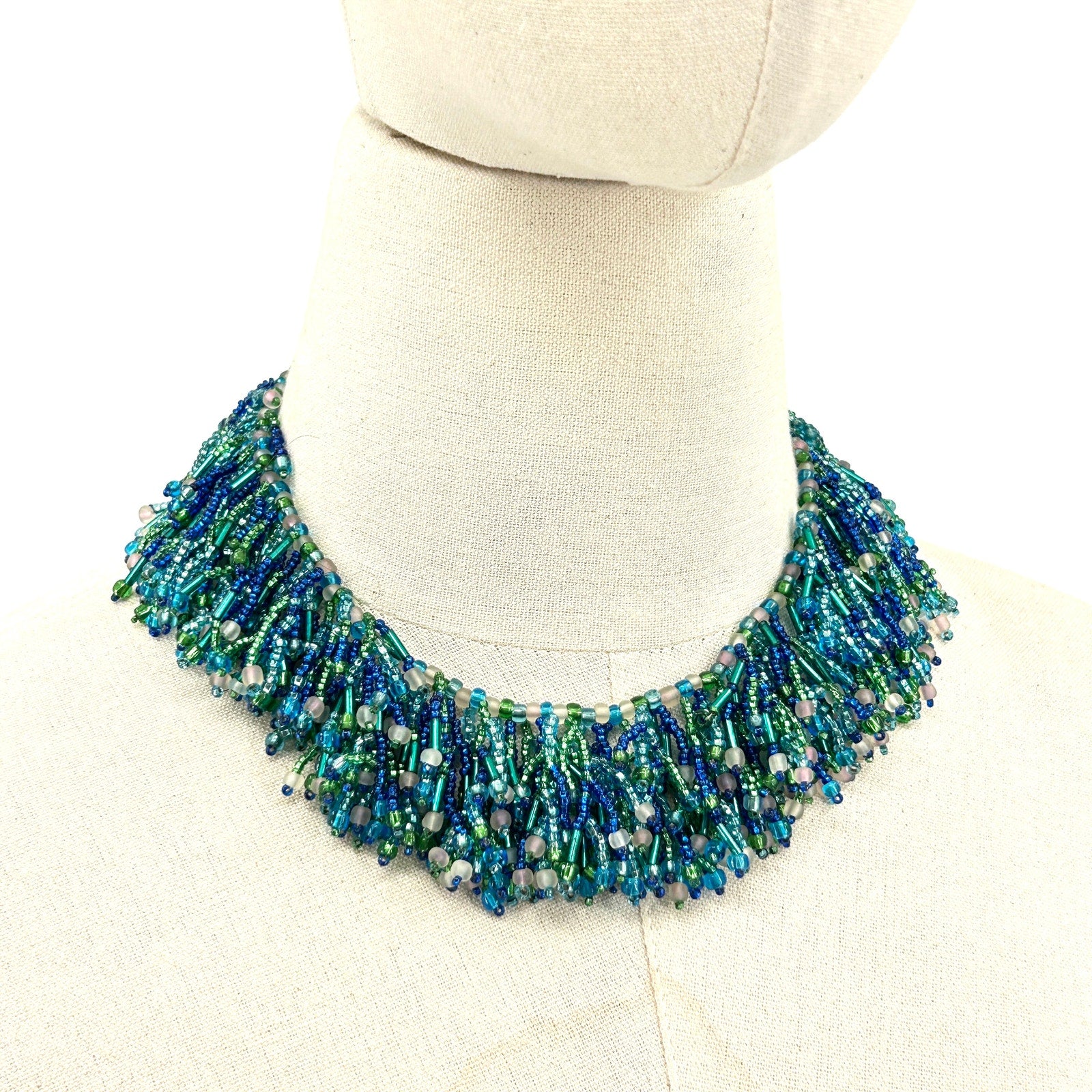 Vintage 1980s Handmade Blue Green Glass Seed Bead Fringe Choker Necklace