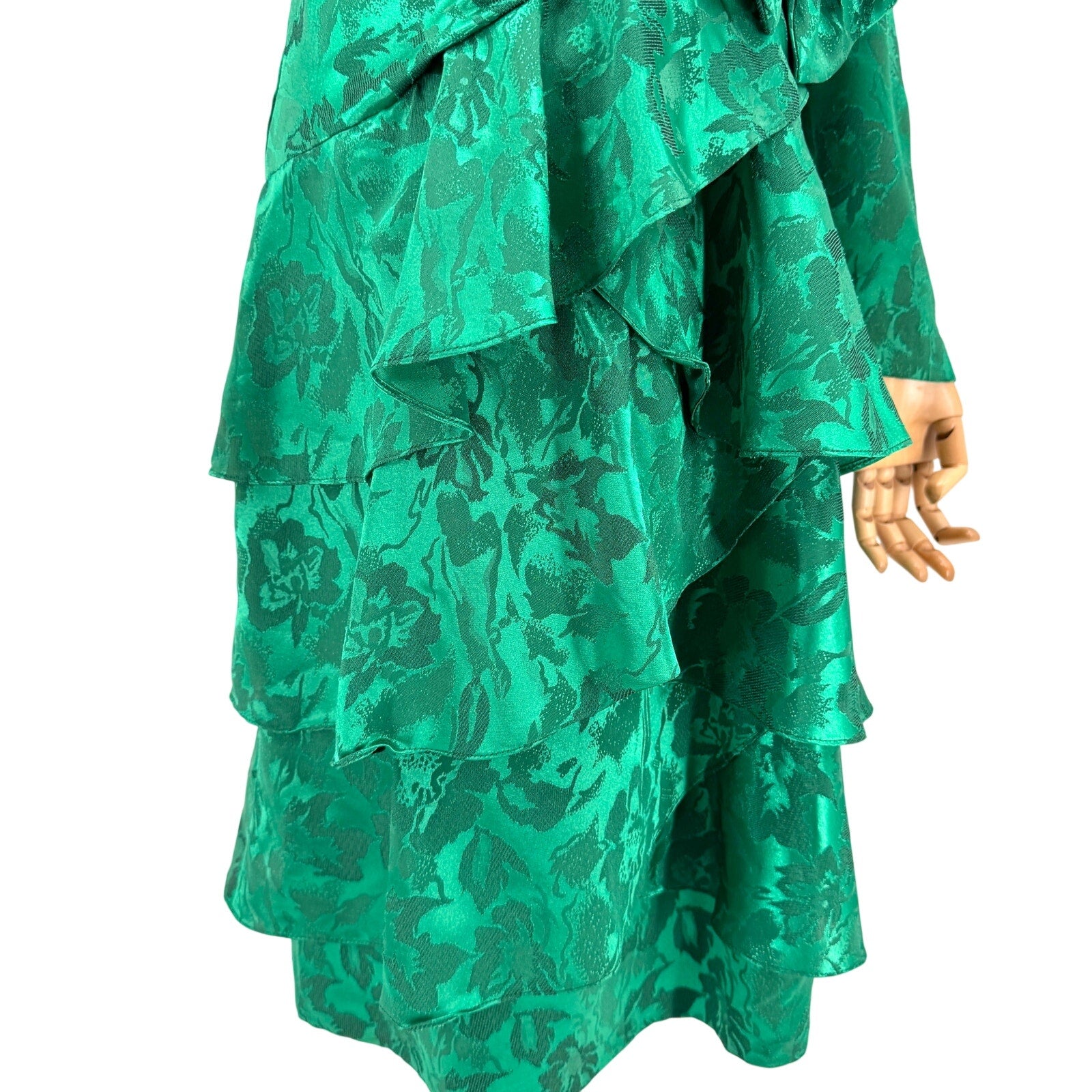 Vintage 80s Emerald Green Polyester Jacquard Drop Waist Wrap Tiered Ruffle Dress