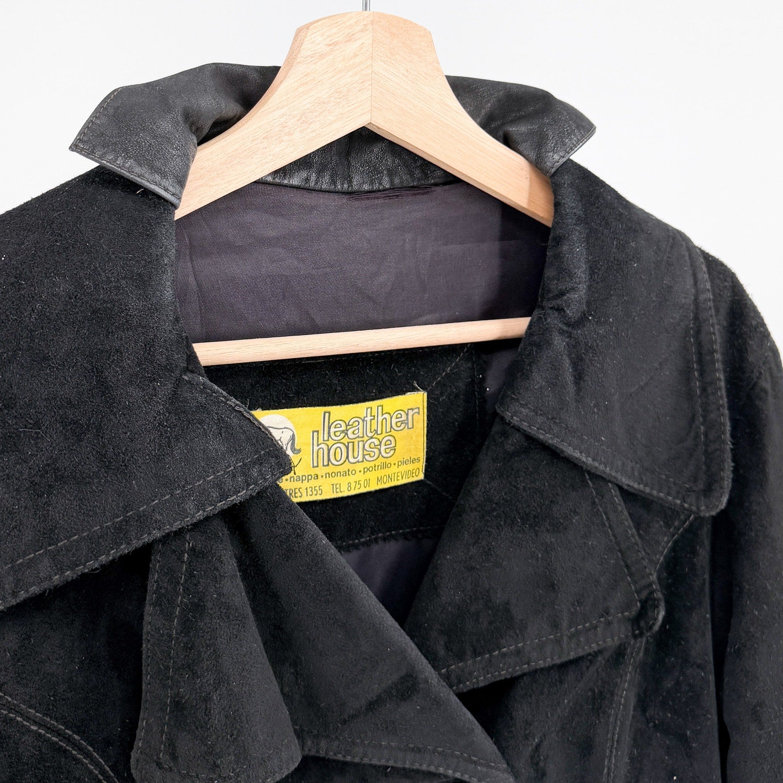 Vintage 70s Leather House Black Genuine Leather Suede Double Breasted Coat
