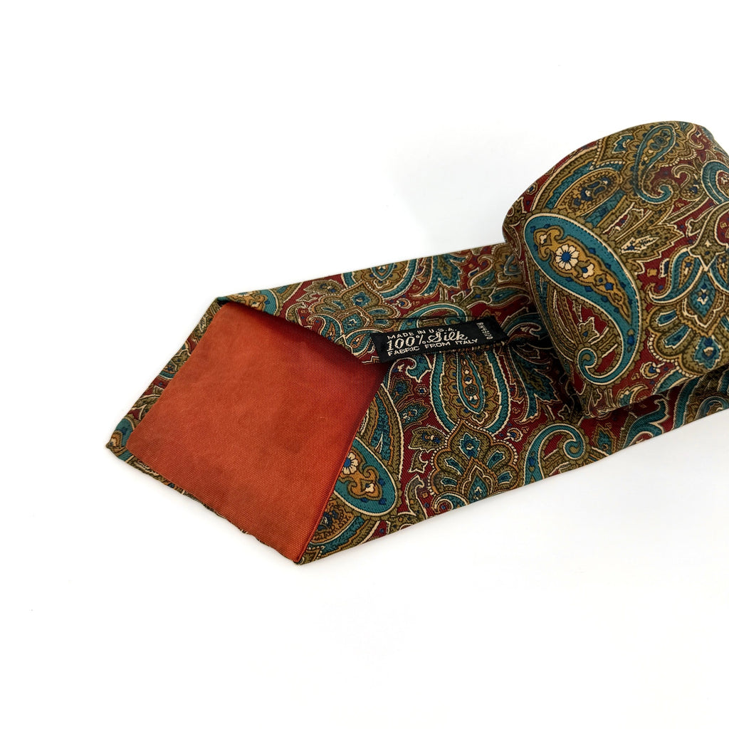 Vintage 80s Oleg Cassini Brick Red 100% Silk Olive Paisley Wide Necktie